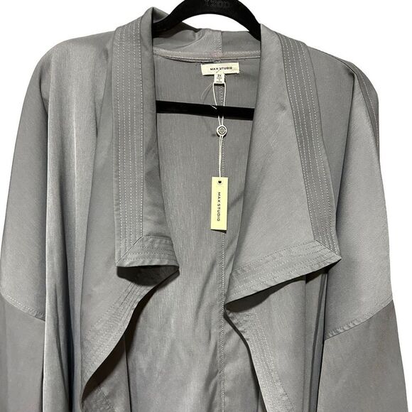 Max Studio Plus Size Twill Draped Long Jacket, Ash Gray Grey - Picture 3 of 7